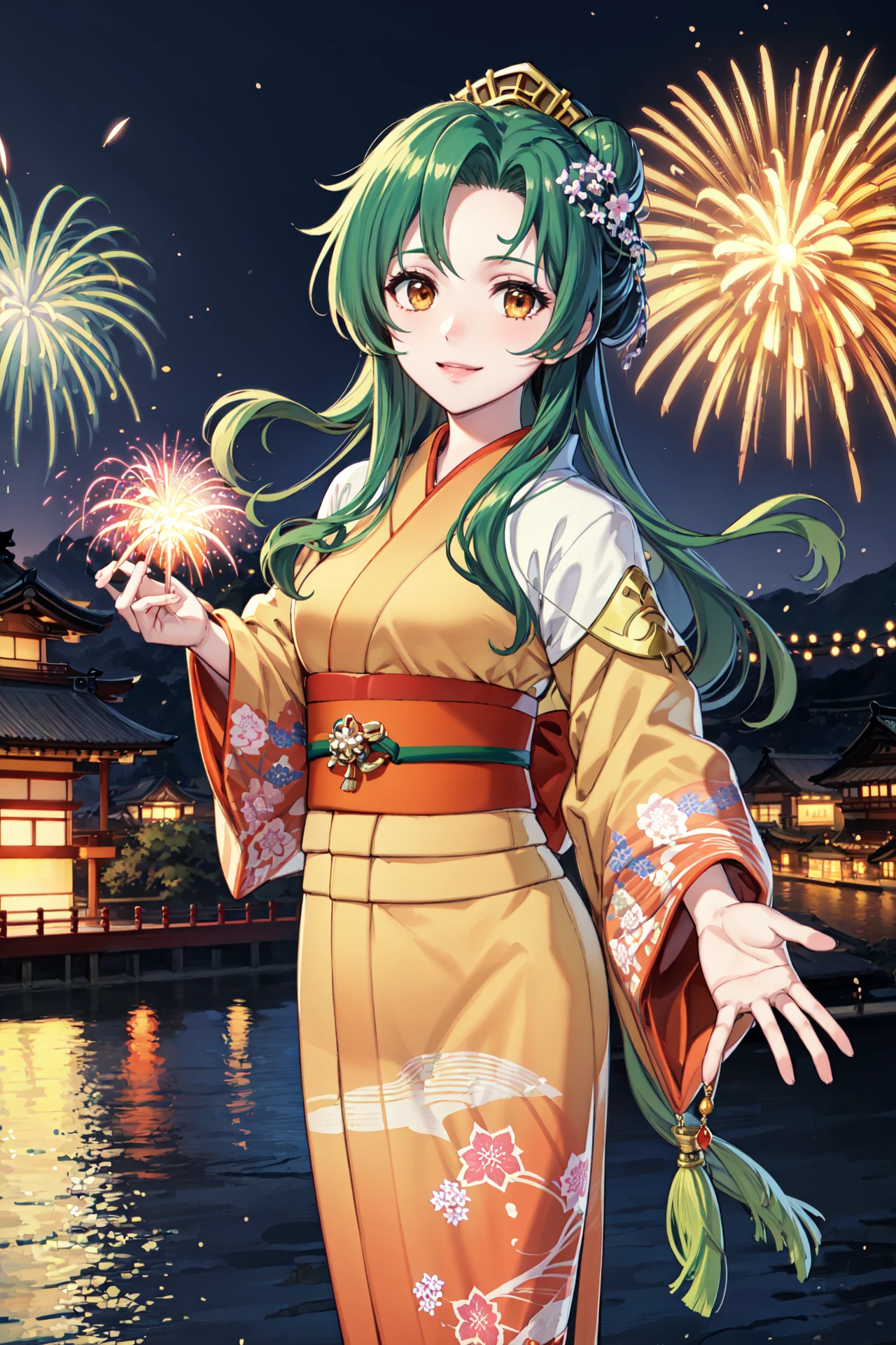 (reaching out:1.2),<lora:elinciaV2:0.9>,hos_elincia, japanese clothes, obi, sash, wide long sleeves,print kimono, orange kimono, tabi, geta, frills,summer festival,smile,firework,night,river,bridge,(masterpiece, best quality, ultra-detailed, best shadow)