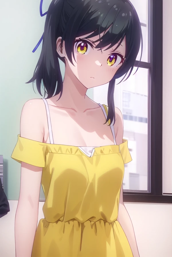 tsubamenarumi, <lora:tsubame narumi s2-lora-nochekaiser:1>,
tsubame narumi, black hair, ribbon, hair ribbon, (yellow eyes:1.3), side ponytail, braid, single braid,
BREAK collarbone, shirt, off shoulder, bra strap, short sleeves,
BREAK indoors, office,
BREAK looking at viewer, (cowboy shot:1.5),
BREAK <lyco:GoodHands-beta2:1>, (masterpiece:1.2), best quality, high resolution, unity 8k wallpaper, (illustration:0.8), (beautiful detailed eyes:1.6), extremely detailed face, perfect lighting, extremely detailed CG, (perfect hands, perfect anatomy),