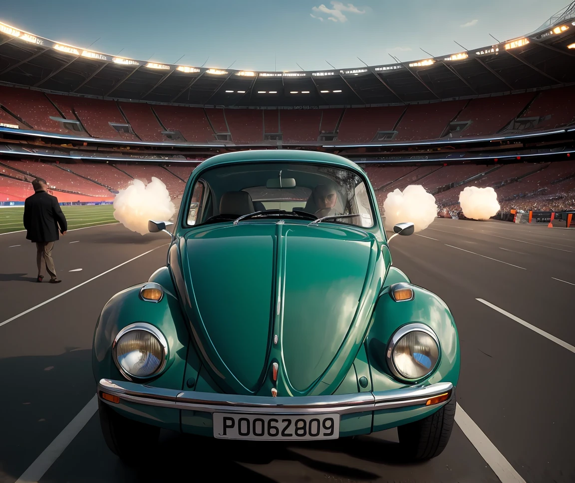 cinematic film still ,<lora:quiron_beetleVW_V1_Lora:0.97> (beetleVWQuiron car), a car, at The Olympic Stadium: Transport yourself to the grandeur of an Olympic stadium with a colossal torch, international flags waving, and athletes from around the world competing in various events, . shallow depth of field, vignette, highly detailed, high budget Hollywood movie, bokeh, cinemascope, moody, epic, gorgeous, film grain, grainy