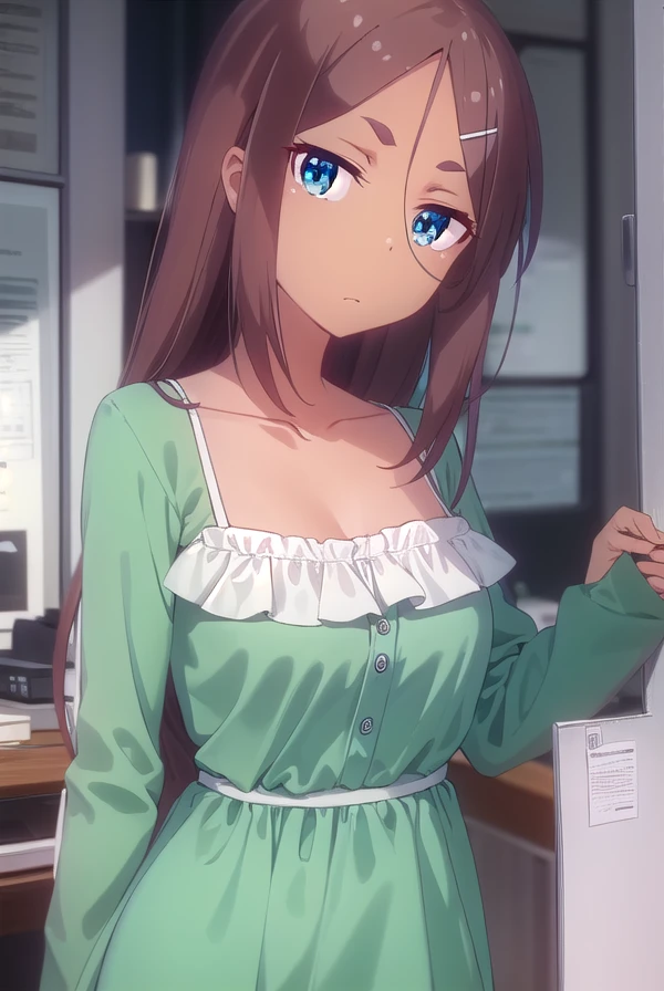 umikoahagon, <lora:umiko ahagon s2-lora-nochekaiser:1>,
umiko ahagon, long hair, blue eyes, brown hair, hair ornament, hair between eyes, hairclip, dark skin, dark-skinned female, x hair ornament,
BREAK dress, collarbone, green dress, long sleeves, frills,
BREAK indoors, office,
BREAK looking at viewer, (cowboy shot:1.5),
BREAK <lyco:GoodHands-beta2:1>, (masterpiece:1.2), best quality, high resolution, unity 8k wallpaper, (illustration:0.8), (beautiful detailed eyes:1.6), extremely detailed face, perfect lighting, extremely detailed CG, (perfect hands, perfect anatomy),