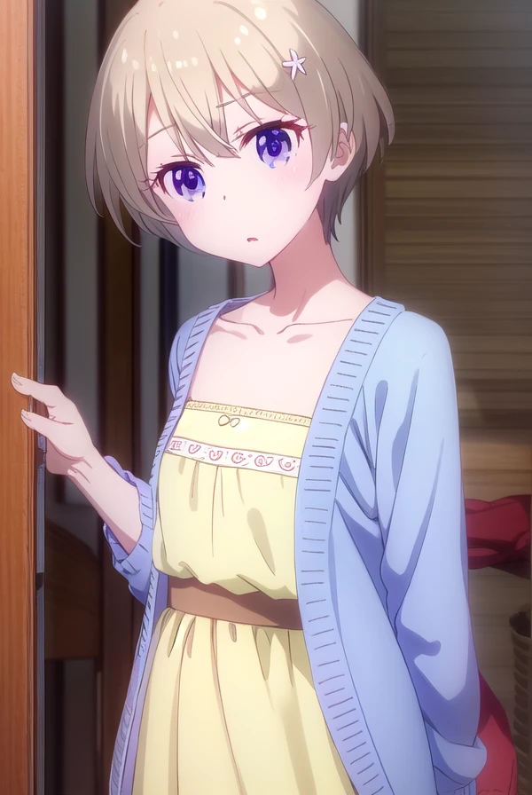 hotaruhoshikawa, <lora:hotaru hoshikawa s2-lora-nochekaiser:1>,
hotaru hoshikawa, short hair, brown hair, hair ornament, hair between eyes, (purple eyes:1.1), flower, hair flower,
BREAK collarbone, cardigan, dress, yellow dress,
BREAK indoors, office,
BREAK looking at viewer, (cowboy shot:1.5),
BREAK <lyco:GoodHands-beta2:1>, (masterpiece:1.2), best quality, high resolution, unity 8k wallpaper, (illustration:0.8), (beautiful detailed eyes:1.6), extremely detailed face, perfect lighting, extremely detailed CG, (perfect hands, perfect anatomy),