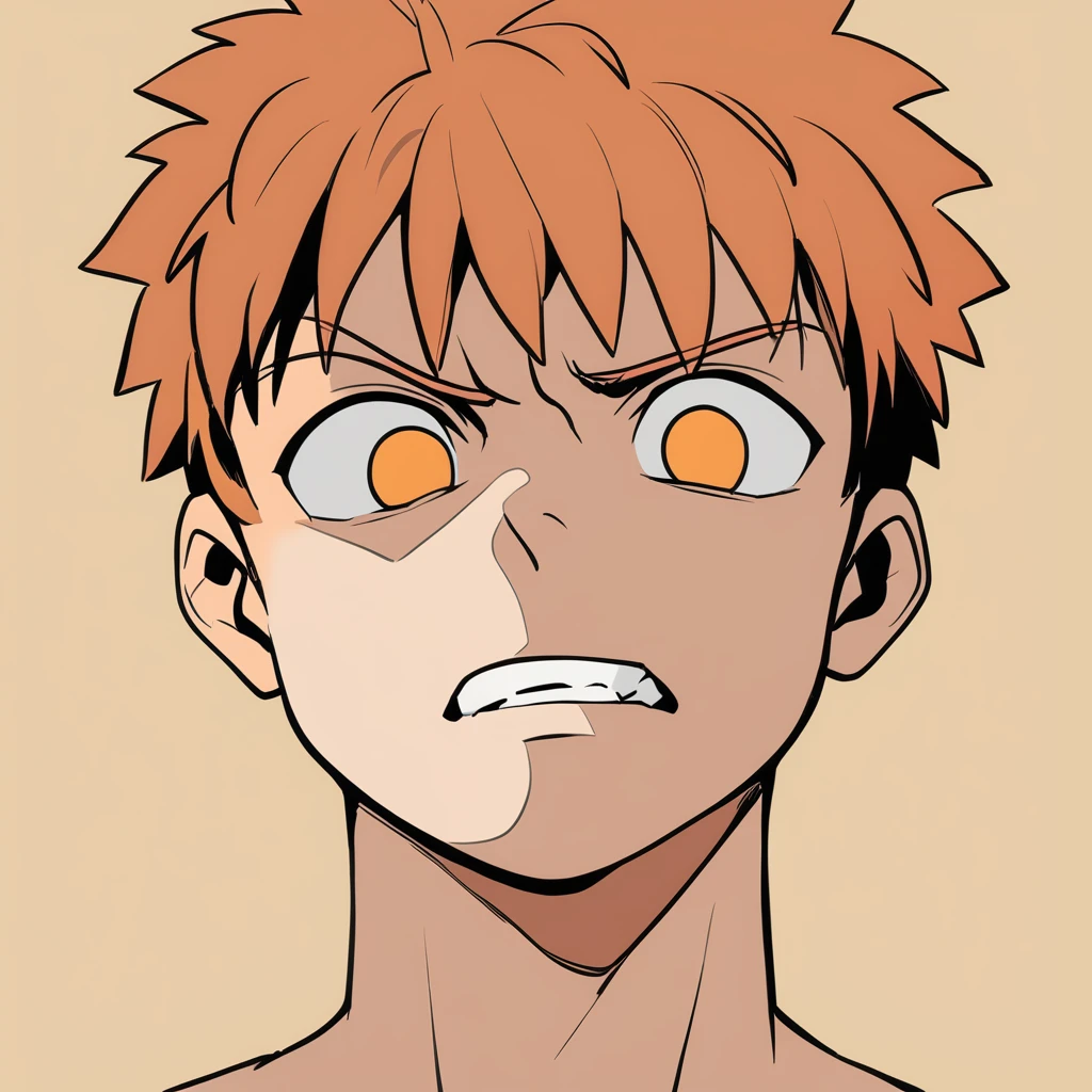masterpiece, best quality, aokizy, 1boy, flat color, golden background, Emiya emiya shirou \(cosplay\), portrait, clenched teeth, empty eyes, orange eyes, looking at viewer, serious,  <lora:aokizy_2.0_xl:1.1>