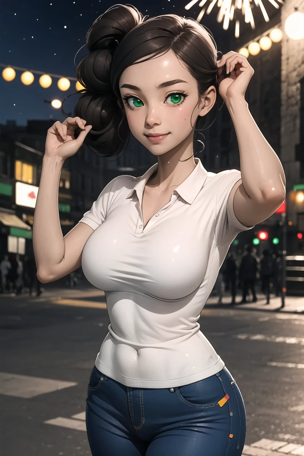 (masterpiece, best quality:1.4), <lora:carolinav4:0.7>, brown hair, green eyes, curvy, side ponytail, dark-skinned female, female, tan, 1girl, outdoors, cloud, shirt, short sleeves, blue pants, white shirt, breasts, smile, frilled shirt, night, fireworks, close-up, portrait, awestruck,
