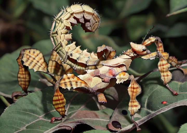 spinyleafinsect, full body, solo, on a leaf, head, eye, curly tail, macro photo   <lora:Spiny_Leaf_Insect:1>