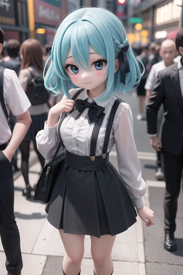 insanely detailed, absurdres, ultra-highres, ultra-detailed, best quality,
1girl, solo, nice hands, perfect hands,
BREAK
braid, shirt, holding, mary janes, socks, black skirt, long hair, white shirt, suspender skirt, white socks, long sleeves, ribbon, suspenders, standing, ruffles, black ribbon, bow , black bow tie, long skirt, black bow, neck ribbon, bowtie, bag
BREAK
happy smile, laugh, closed mouth, standing,
,
cute pose, cowboy shot,
BREAK
slender, kawaii, perfect symmetrical face, ultra cute girl, ultra cute face, ultra detailed eyes, ultra detailed hair, ultra cute, ultra beautiful,
BREAK
in harajuku, shibuya, tokyo, street, crowd, cityscape,
BREAK
medium large breasts,
(turquoise blue:1.3) medium hair, (black eyes:1.3), hair between eyes