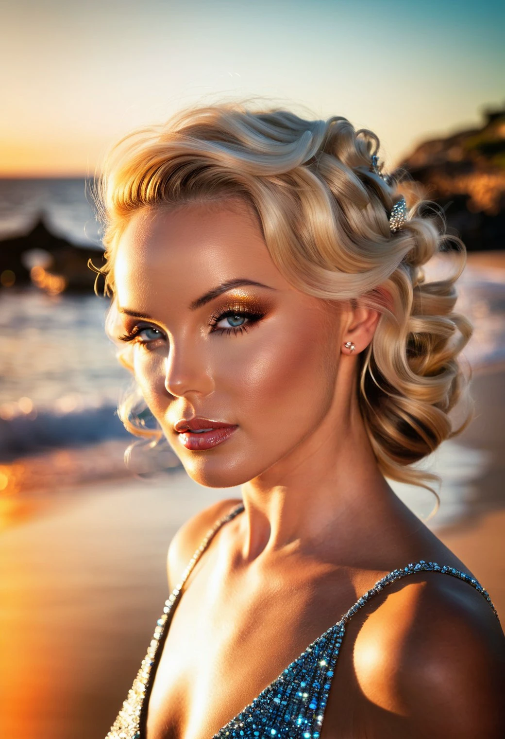 cinematic film still hollywood cinematography motion picture snapshot <lora:SilviaSaint_SDXL_v1.0:1> 
simply the best photography, a refined magazine cover of gorgeous magnanimous movie star, timeless, classic, soulful, relaxed, flawless beauty, dynamism,  The ohwx woman, at the pinnacle of her glamour modelling career, shines in a breath-taking close-up headshot with sparkling intricate eyes. The background is a picturesque beach with crystal-clear water and a vibrant sunset. The lighting is natural and warm, illuminating her radiant skin and showcasing the fine details of her face and neck. Her hair is styled in a sleek updo, and she exudes confidence and grace as she poses on the beach (photography by the acclaimed Ellen von Unwerth)
captured on a Panasonic Varicam LT	Super 35 Sensor	6K 60p	Leica DG lenses. Focal ranges 50mm+. T-stops 2.8 or lower. V-Log/V-Gamut profiles. ISO ranges 800-4000 . shallow depth of field, vignette, highly detailed, high budget, bokeh, cinemascope, moody, epic, gorgeous, film grain, grainy