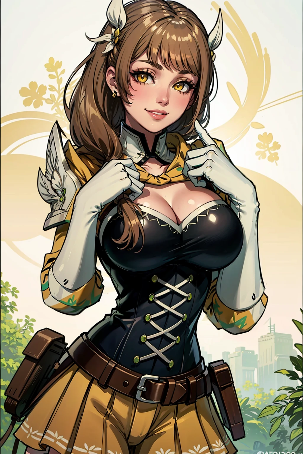 masterpiece, best quality, high quality, <lora:EPfeGoldmary-07:1.0>, EPfeGoldmary, yellow eyes, brown hair, armor, belt, blush, brown belt, cleavage, corset, earrings, elbow gloves, gloves, jewelry, large breasts, long hair, looking at viewer, shoulder armor, smile, solo, white gloves
color palette