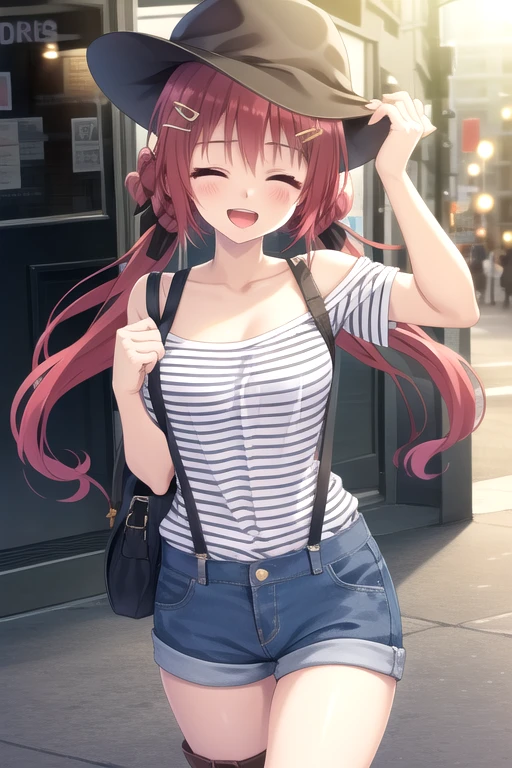 ((masterpiece)),(best quality),official art,extremely detailed CG,unity 8k wallpaper,ultra detailed,beautiful detailed eyes,extremely detailed face,1girl,solo,cowboy shot,looking at viewer,facing viewer,smile,:d,black hat,long hair,red hair,low twintails,braid,hair ribbon,black ribbon,hairclip,star hair ornament,bangs,closed eyes,open mouth,collarbone,off-shoulder shirt,short sleeve shirt,striped shirt,suspenders,medium breasts,denim shorts,shorts rolled up,brownboots,<lora:Tenma Hasumi(rk)>,