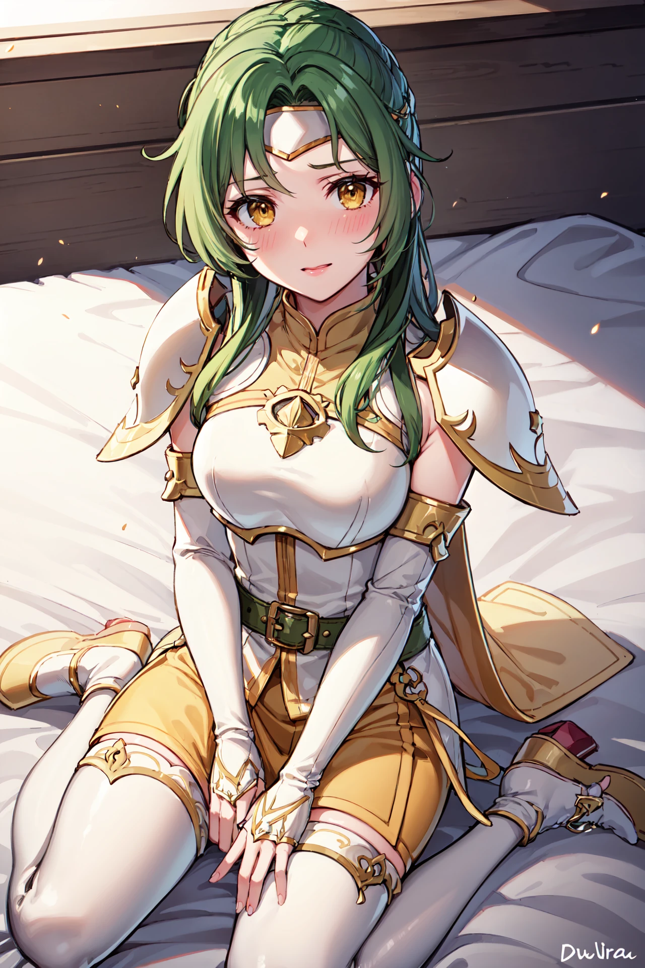 <lora:elinciaV2:0.85>,def_elincia,from above,wariza,blush,looking at viewer, yellow long sleeves, yellow pantyhose,shoulder armor, armor, belt,white thigh boots, breastplate, fingerless elbow gloves, short dress, cape, jewelry, gold trim, shoulder pads, pauldrons, pelvic curtain, arm guards,  sleeveless, turtleneck, zettai ryouiki,on bed,indoors,(masterpiece, best quality, ultra-detailed, best shadow)