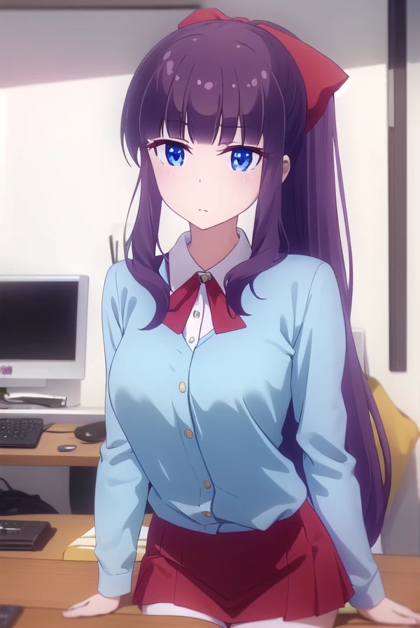 hifumitakemoto, <lora:hifumi takemoto s2-lora-nochekaiser:1>,
hifumi takemoto, long hair, bangs, blue eyes, bow, ponytail, purple hair, hair bow,
BREAK skirt, shirt, thighhighs, white shirt, black thighhighs, red skirt,
BREAK indoors, office,
BREAK looking at viewer, (cowboy shot:1.5),
BREAK <lyco:GoodHands-beta2:1>, (masterpiece:1.2), best quality, high resolution, unity 8k wallpaper, (illustration:0.8), (beautiful detailed eyes:1.6), extremely detailed face, perfect lighting, extremely detailed CG, (perfect hands, perfect anatomy),