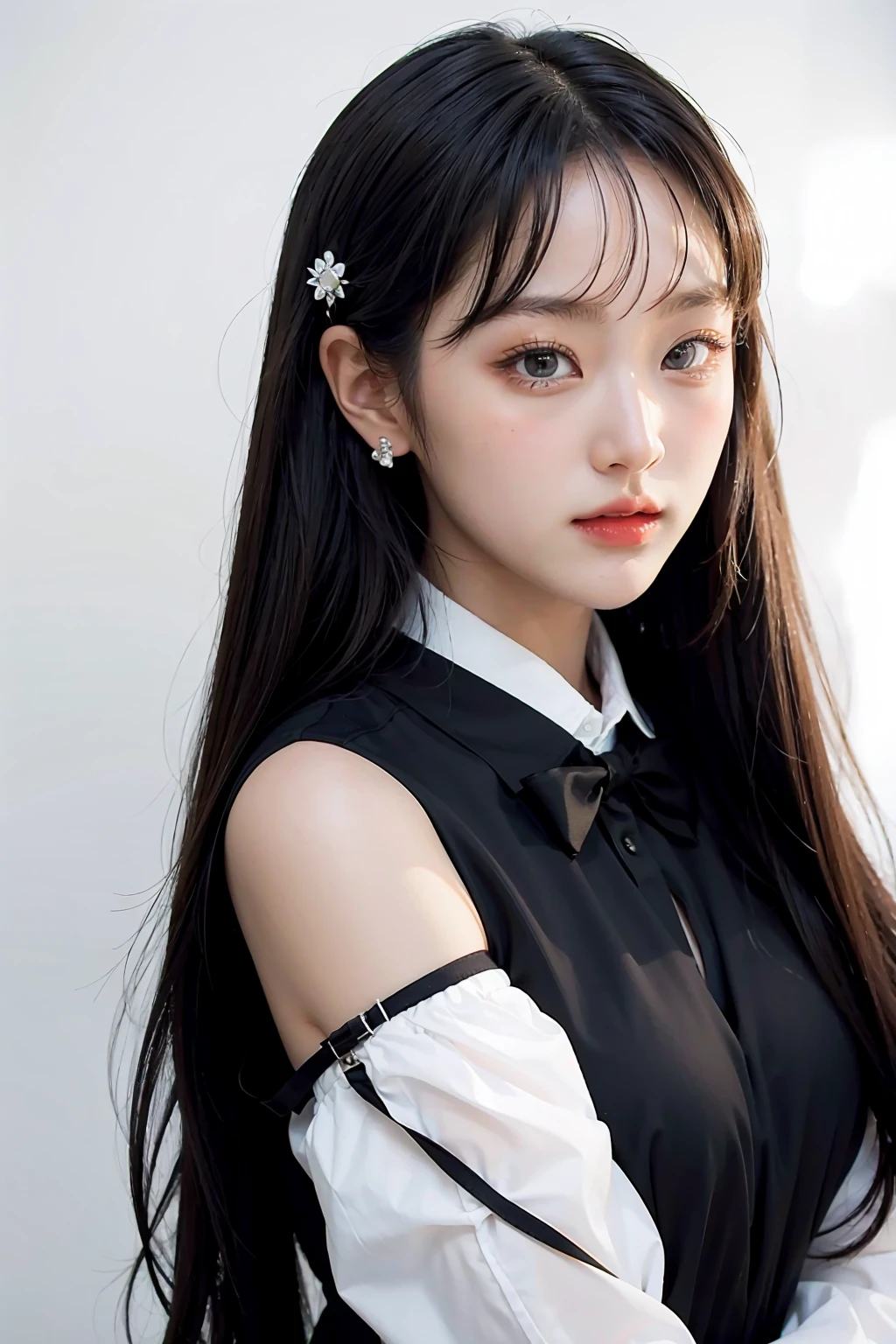 1girl, black  random formal attire, white background, <lora:ppunnch_4EVE-02:1>