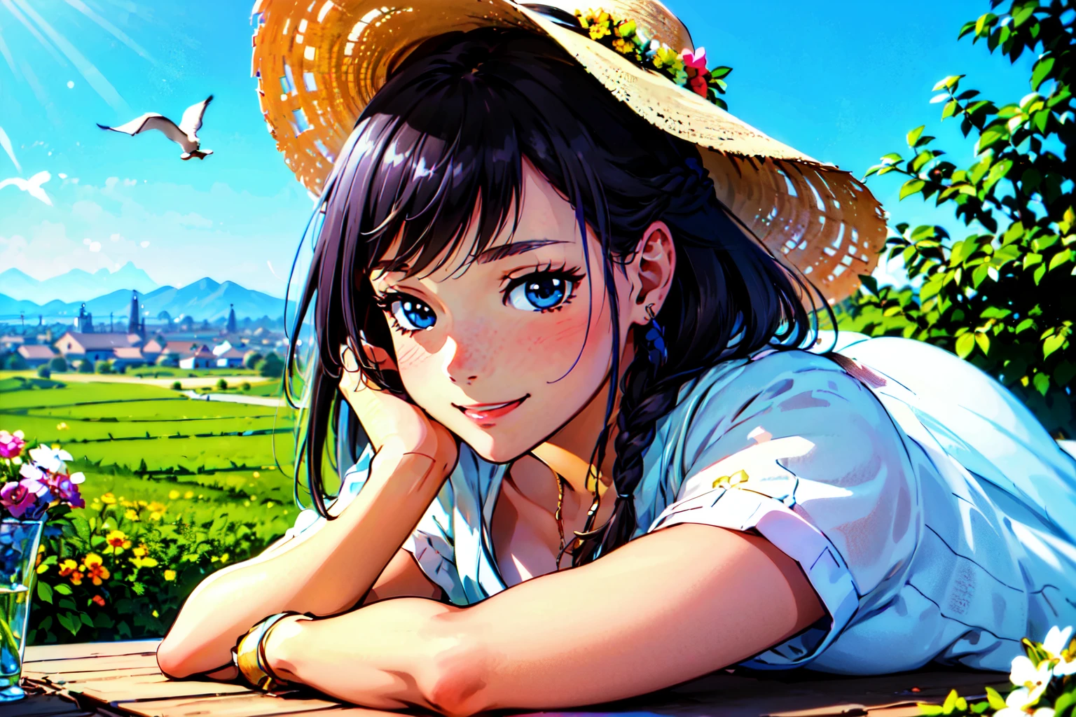 ((portrait,a woman laying on back on a wall in a small town with lots of flowers and birds, view from top angle:1.2, big window behind, from side, smiling, bend over, in a city)), beautiful eyes, beautiful girl, high detail skin, high detail eyes, high detail hair, highres, ultra detailed, sharpen picture, Highly detailed, masterpiece, best quality, photorealistic,
<lora:KalaLoRA:0.8> 1girl, long hair, braid, white summer dress, summer hat