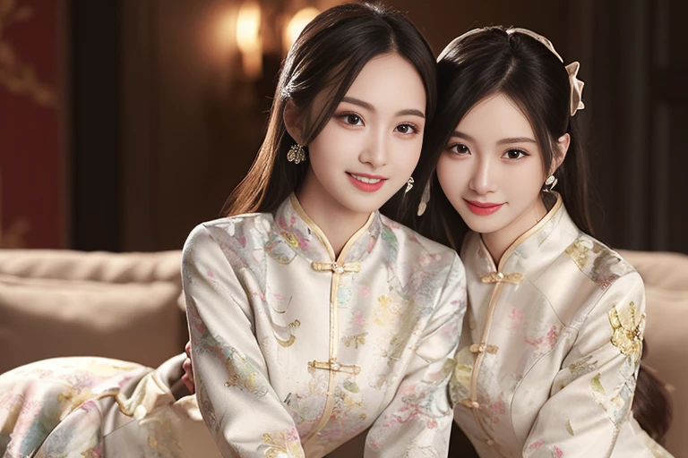 ltra-detailed,highly detailed,best quality,masterpiece,illustration,realistic,photorealistic,
banniang-qipao, multiple girls, 2girls, yuri,
looking at viewer, sitting, smile, hug,
<lora:banniang qipao_v1_05:0.8>