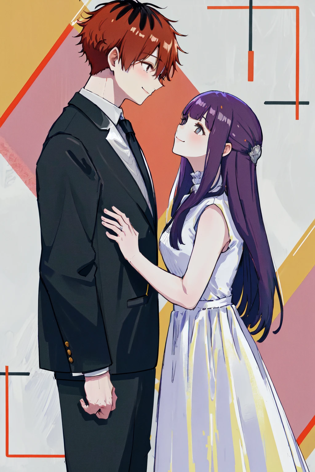 masterpiece, best quality, highres,
1girl fern, white dress, wedding dress, smile,
1boy stark, black jacket formal suit, shirt white shirt
<lora:stark_fern_3:1>