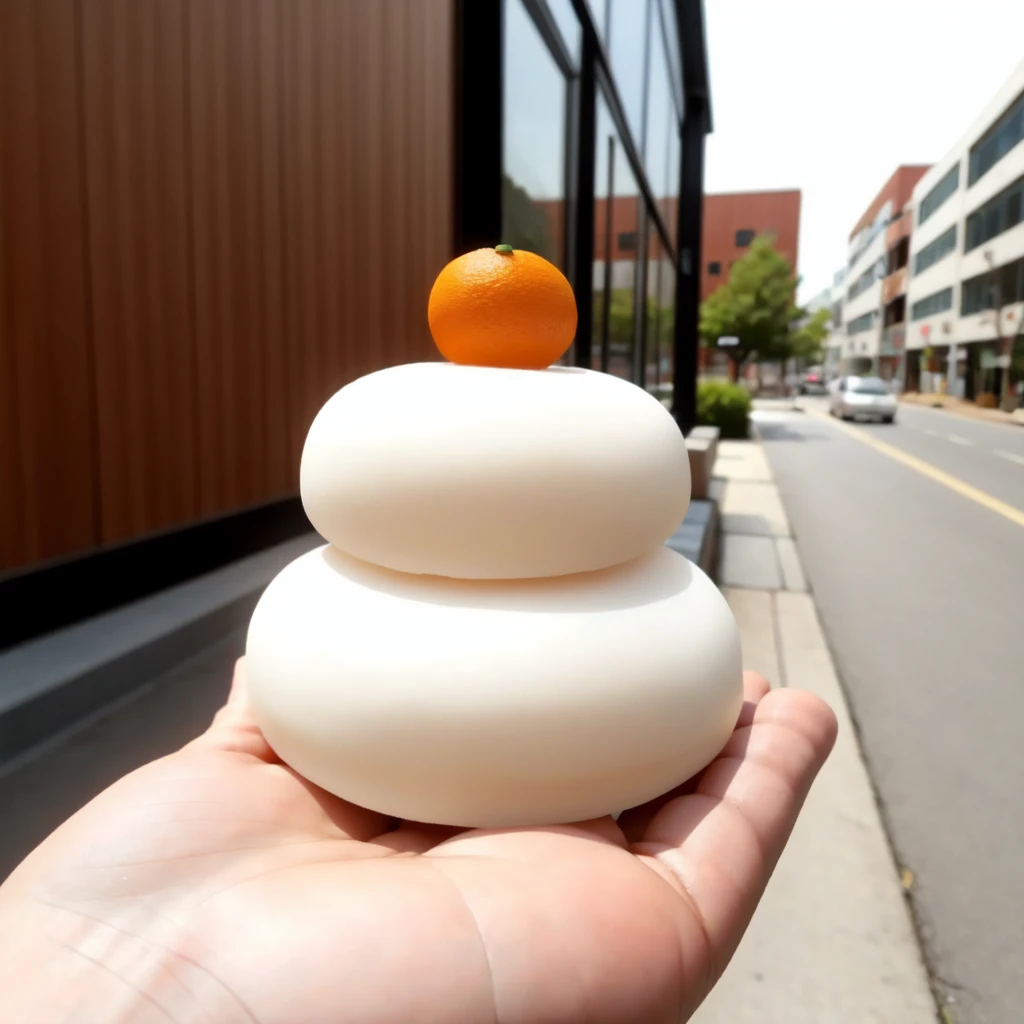 <lora:Rice_cake_for_New_Year's_v1:0.5>, kgmmt, mochi, orange, kagami_mochi, realistic, wood, cityscape, building, architecture, outdoors