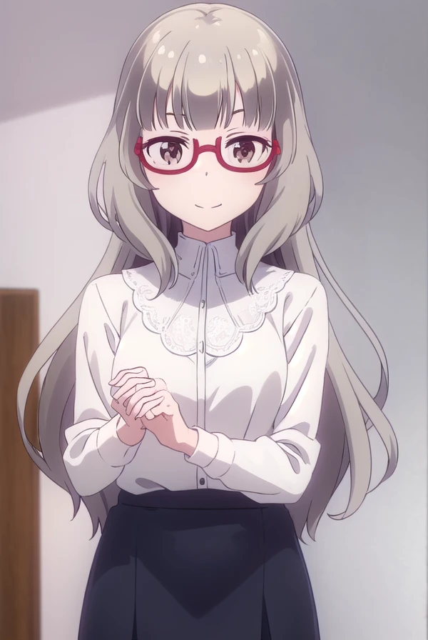 shizukuhazuki, <lora:shizuku hazuki s2-lora-nochekaiser:1>,
shizuku hazuki, long hair, bangs, (brown eyes:1.5), grey hair, glasses, semi-rimless eyewear, red-framed eyewear, under-rim eyewear, smile,
BREAK skirt, shirt, long sleeves, white shirt, black skirt, fringe trim,
BREAK indoors, office,
BREAK looking at viewer, (cowboy shot:1.5),
BREAK <lyco:GoodHands-beta2:1>, (masterpiece:1.2), best quality, high resolution, unity 8k wallpaper, (illustration:0.8), (beautiful detailed eyes:1.6), extremely detailed face, perfect lighting, extremely detailed CG, (perfect hands, perfect anatomy),