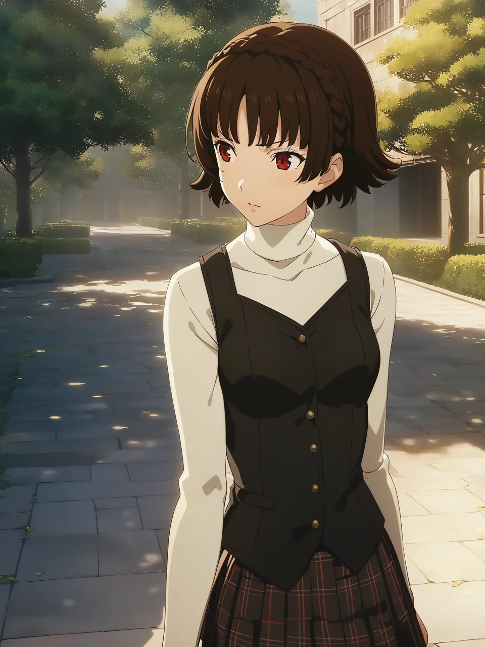 dsmakoto, brown hair, short hair, crown braid, red eyes, school uniform, white turtleneck, black vest, plaid skirt, pantyhose, 1girl, solo
BREAK
school courtyard, trees, depth of field, cinematic, game cg, anime screencap, official art, masterpiece, best quality
<lora:dsmakoto_a3b:1>