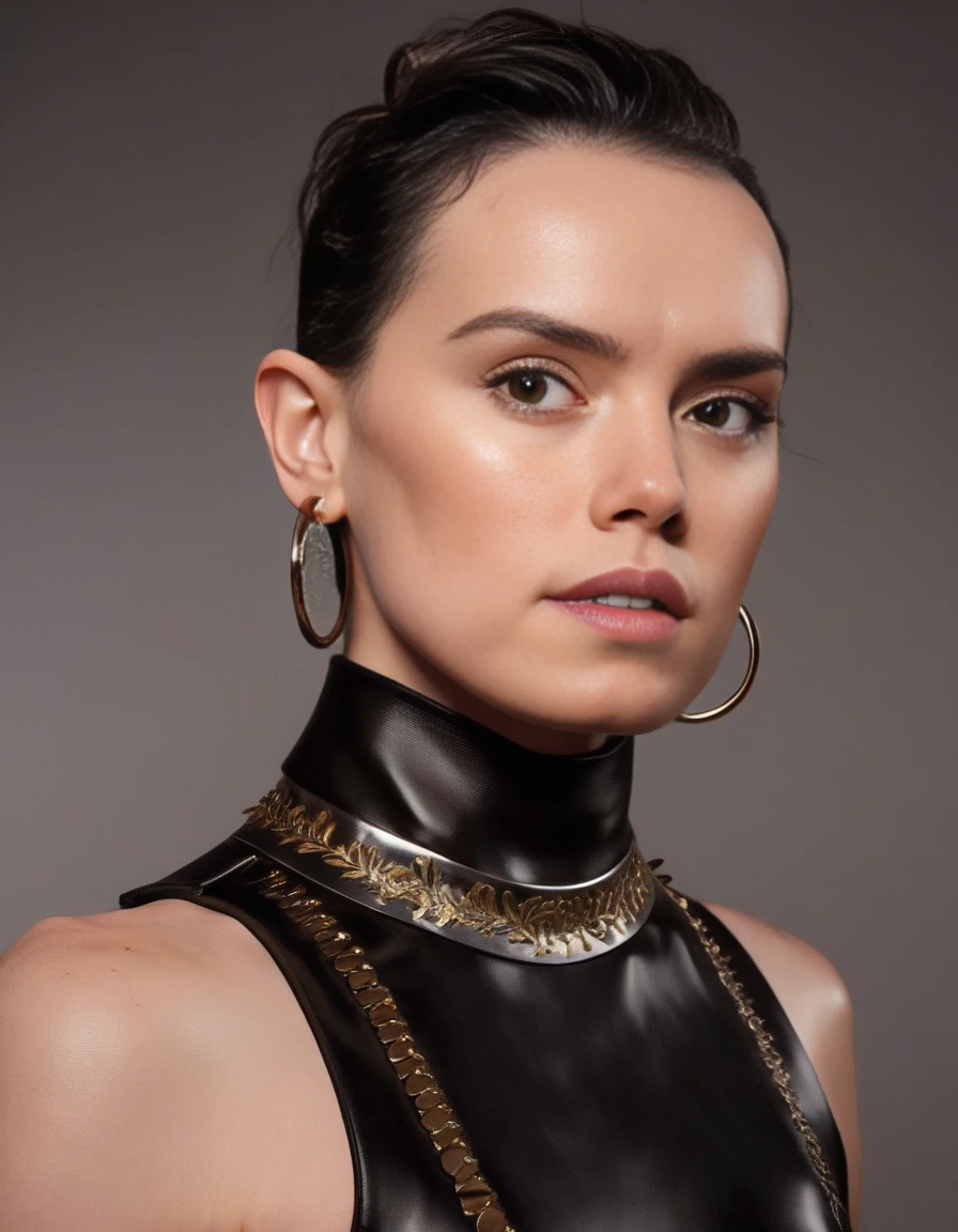 DaisyRidley,<lora:DaisyRidleySDXL:1>, a woman in a black leather dress with a choker, wearing steel collar, slave collar, choker, wearing detailed leather collar, black leather choker, choker on neck, wearing choker, choker around neck, wearing black choker, wearing collar, wearing gold detailed choker, wearing collar on neck, collar on neck, piercings collar, steel choker