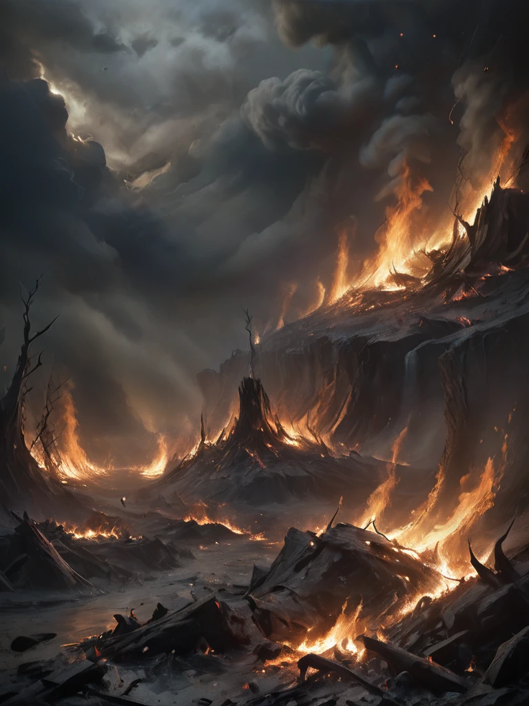 Otherworldly mysterious creatures, Terrifying atmosphere, Fire, Smoke, hyper photorealism, High quality, Masterpiece
