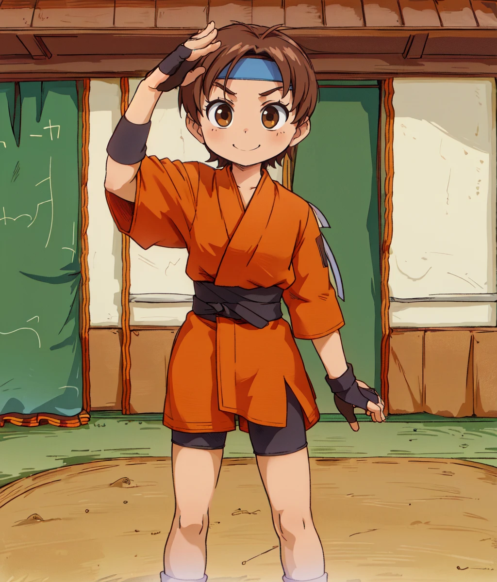 masterpiece, high res, detailed face, detailed eyes, 1 girl, solo,  psyched up, slender, fit, muscular, tomboy, angry, smile, short hair, brown hair, brown eyes, orange kimono, fingerless gloves, bike shorts, white blue headband, legs, shin protectors, full body,  ((standing)), martial artist salute, indoors, ((dojo))  <lora:wakaba3:1>