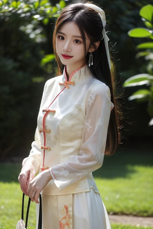ltra-detailed,highly detailed,best quality,masterpiece,illustration,realistic,photorealistic,
banniang-qipao, 1girl, solo,
looking at viewer,
outdoors,
<lora:banniang qipao_v1_05:0.7>