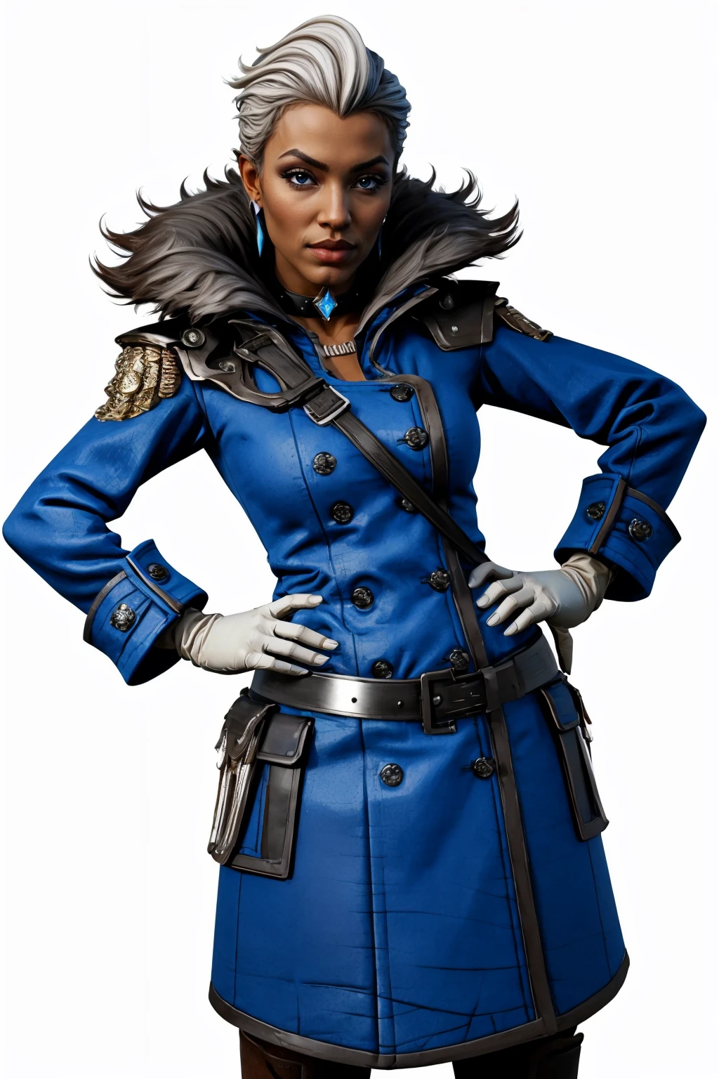 (masterpiece, best quality:1.2), <lora:aureliahammerlock:.95>, aureliahammerlock, 1girl, solo, makeup, gloves, jewelry, belt, earrings, dark skin, white hair, fur trim, coat, white background, simple background, hands on hips,