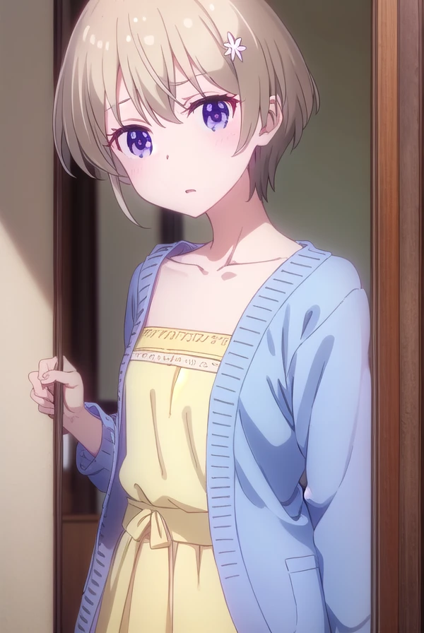 hotaruhoshikawa, <lora:hotaru hoshikawa s2-lora-nochekaiser:1>,
hotaru hoshikawa, short hair, brown hair, hair ornament, hair between eyes, (purple eyes:1.1), flower, hair flower,
BREAK collarbone, cardigan, dress, yellow dress,
BREAK indoors, office,
BREAK looking at viewer, (cowboy shot:1.5),
BREAK <lyco:GoodHands-beta2:1>, (masterpiece:1.2), best quality, high resolution, unity 8k wallpaper, (illustration:0.8), (beautiful detailed eyes:1.6), extremely detailed face, perfect lighting, extremely detailed CG, (perfect hands, perfect anatomy),
