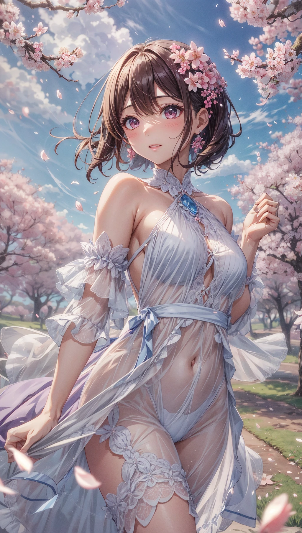 Amidst a stunning spring panorama, an anime enchantress commands attention. Cloaked in an alluring outfit that flutters with the breeze, she stands in a meadow surrounded by cherry blossom trees. As the wind whispers through the blossoms, a cascade of pink petals takes flight, creating a swirling dance around her. The air is alive with the delicate confetti of cherry blossom leaves, casting a dreamlike spell over the scene. The enchanting girl moves gracefully through this ephemeral storm, her presence and the fluttering petals intertwining in a mesmerizing ballet. It's a spectacle of sensuality and nature, a symphony where beauty and cherry blossoms collide
<lora:add_detail:1>