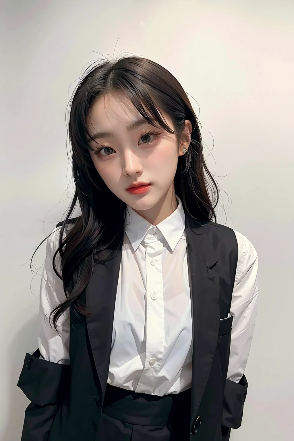 face to the viewer,Best quality at best,A high resolution,girl,独奏,wavey hair,Nice face,Redlip,Black JK uniform,pleatedskirt,high and cold,Standing on the roof,looking at the camera in,Close-up of people,bust