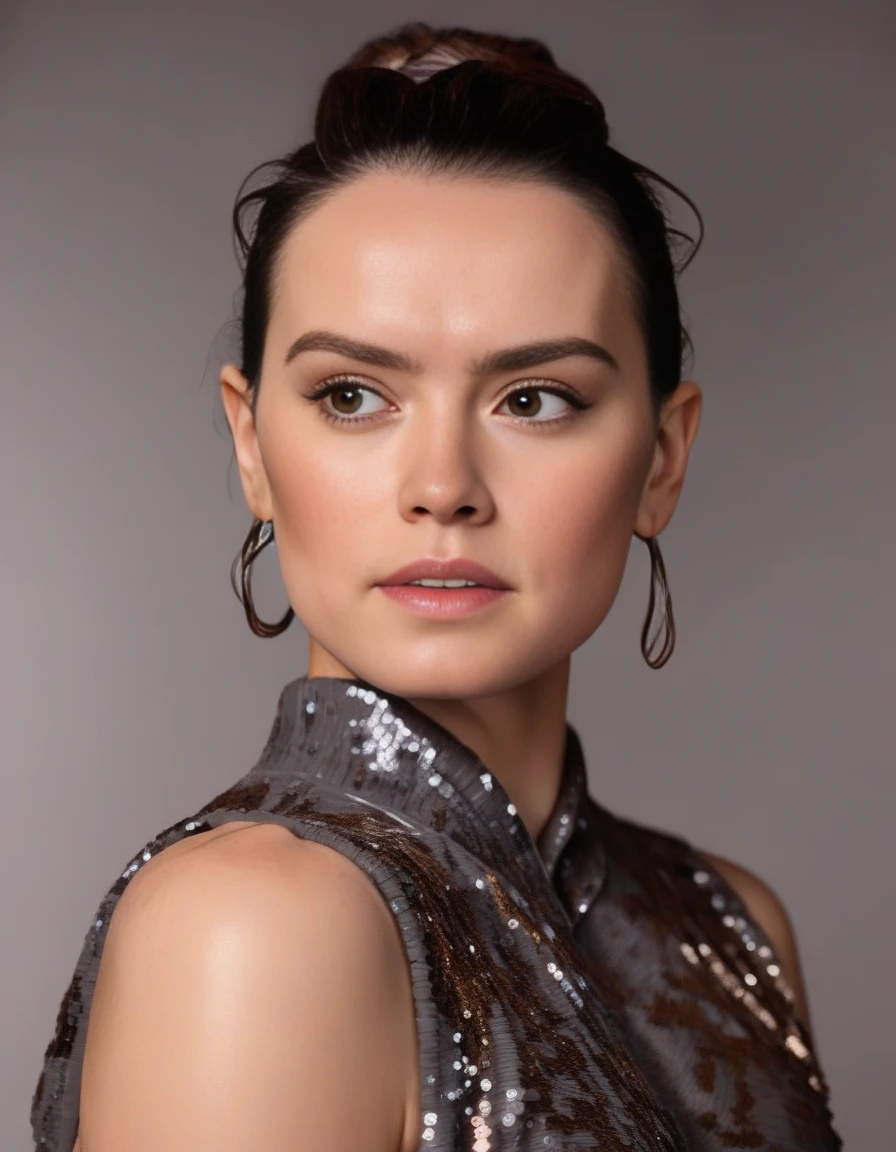 DaisyRidley,<lora:DaisyRidleySDXL:1>The image features a beautiful woman wearing a dark grey sequin dress, which is adorned with bronze sequins. She is posing for the camera, with her hand on her chin, lipstick, and her long hair is styled in a ponytail. The woman appears to be confident and poised, showcasing her elegant attire and striking appearance.