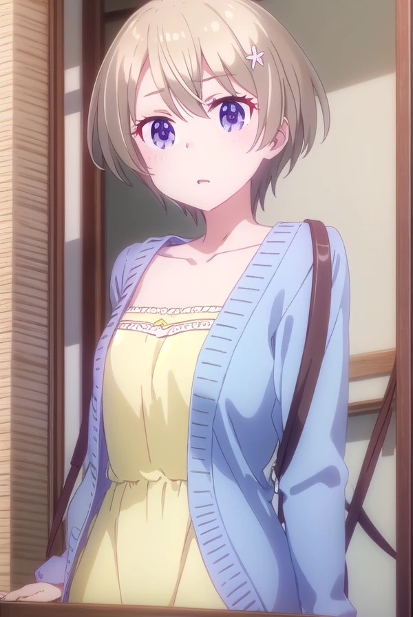 hotaruhoshikawa, <lora:hotaru hoshikawa s2-lora-nochekaiser:1>, 
hotaru hoshikawa, short hair, brown hair, hair ornament, hair between eyes, (purple eyes:1.1), flower, hair flower,
BREAK collarbone, cardigan, dress, yellow dress,
BREAK indoors, office,
BREAK looking at viewer, (cowboy shot:1.5),
BREAK <lyco:GoodHands-beta2:1>, (masterpiece:1.2), best quality, high resolution, unity 8k wallpaper, (illustration:0.8), (beautiful detailed eyes:1.6), extremely detailed face, perfect lighting, extremely detailed CG, (perfect hands, perfect anatomy),