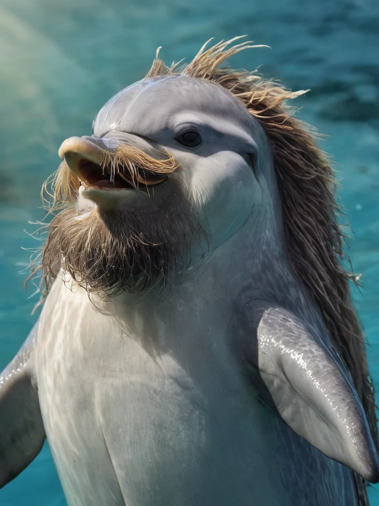 a strange looking dolphin that has a beard and a mustache, the dolphin is in dire need for a shave, deep shadows, cartoon, illustration, <lora:- SDXL - brdanmu_ beard_mustache_hair_V2.0:.6>