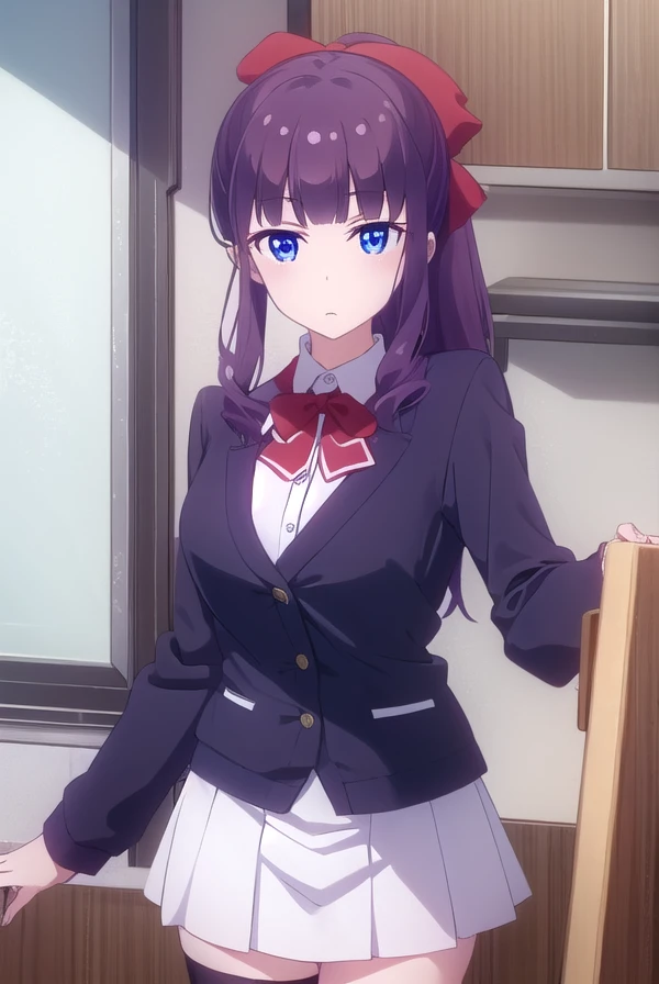 hifumitakemoto, <lora:hifumi takemoto s2-lora-nochekaiser:1>,
hifumi takemoto, long hair, bangs, blue eyes, bow, ponytail, purple hair, hair bow,
BREAK skirt, shirt, thighhighs, white shirt, black thighhighs, red skirt,
BREAK indoors, office,
BREAK looking at viewer, (cowboy shot:1.5),
BREAK <lyco:GoodHands-beta2:1>, (masterpiece:1.2), best quality, high resolution, unity 8k wallpaper, (illustration:0.8), (beautiful detailed eyes:1.6), extremely detailed face, perfect lighting, extremely detailed CG, (perfect hands, perfect anatomy),