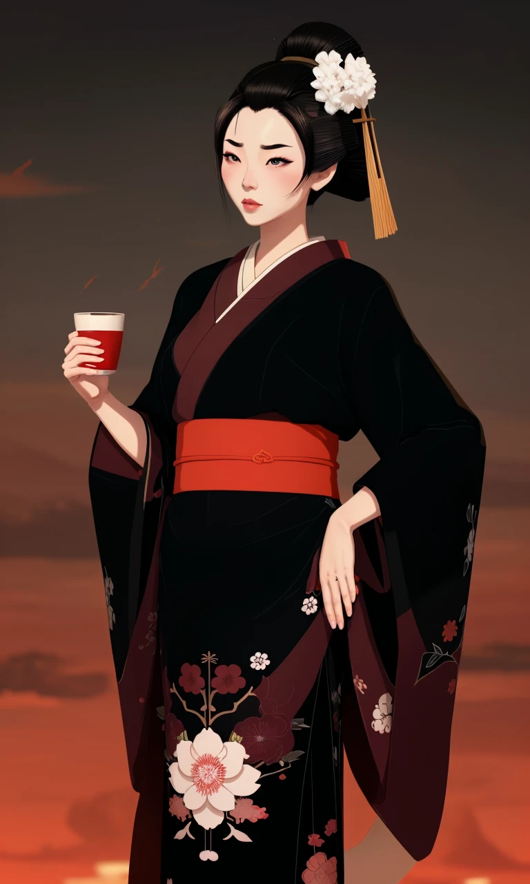 bes2024, best quality, cartoon, flat colors, masterpiece, trending on arstation, 1 girl, geisha, beautiful, pale skin, kimono, cell shaded
