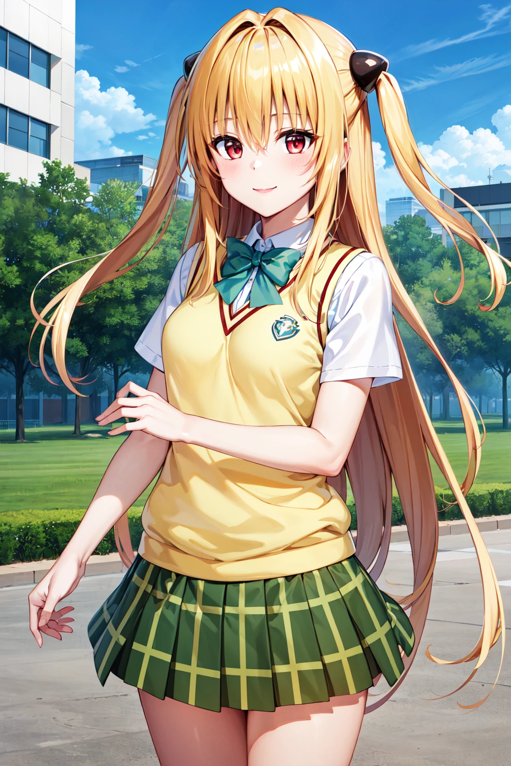 masterpiece, best quality, highres, aayami, very long hair, two side up, hair ornament, school uniform, green bowtie, white shirt, sweater vest, yellow vest, short sleeves, plaid skirt, green skirt, <lora:konjiki_no_yami_v1:0.7>, standing, cowboy shot, smile, outdoors