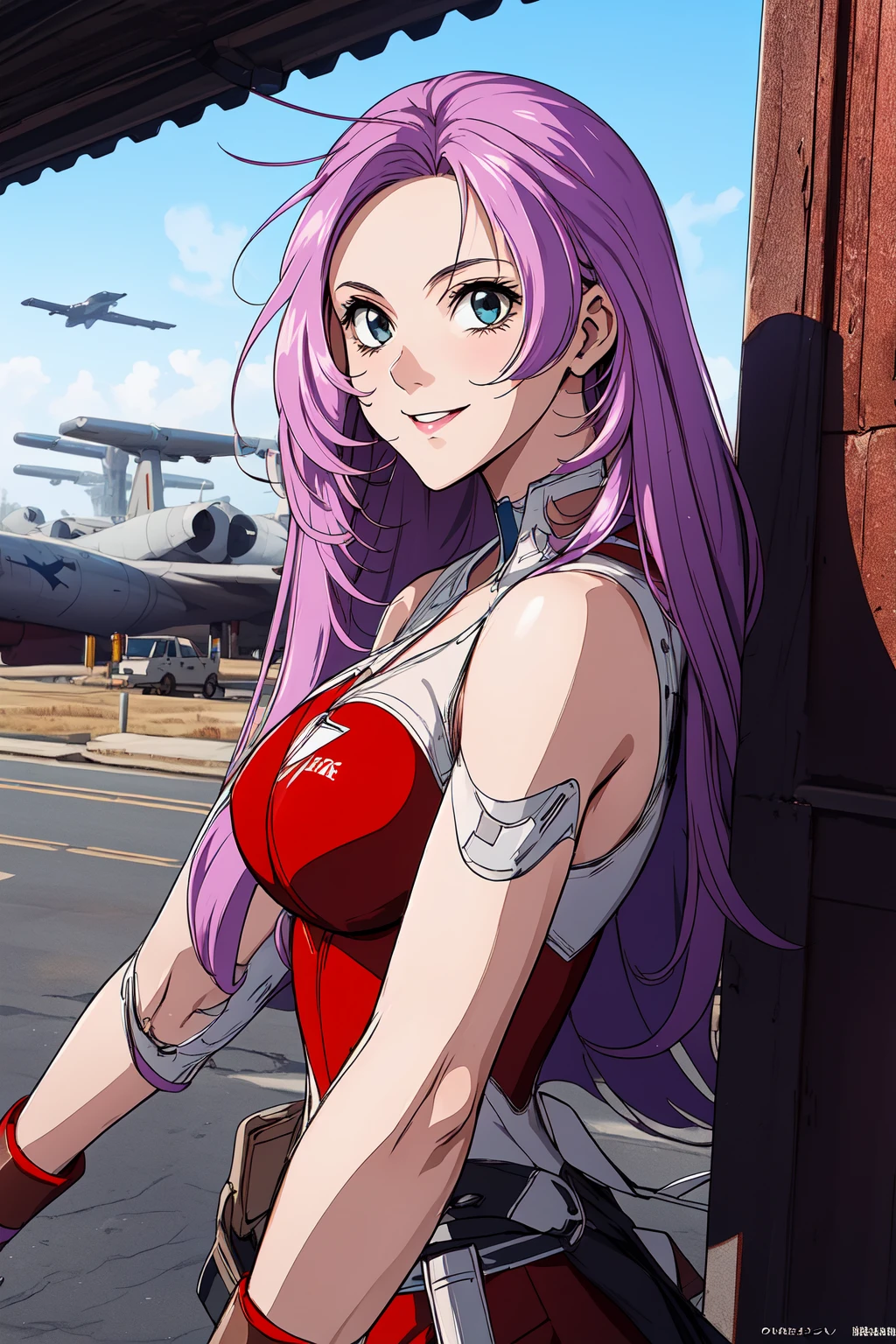 (RAW photo, best quality), 1girl, natural lighting <lora:srw_selena_recital_v1_2-000003:1>, selena recital, smile, cross arms, military base, sci-fi, looking at viewer,