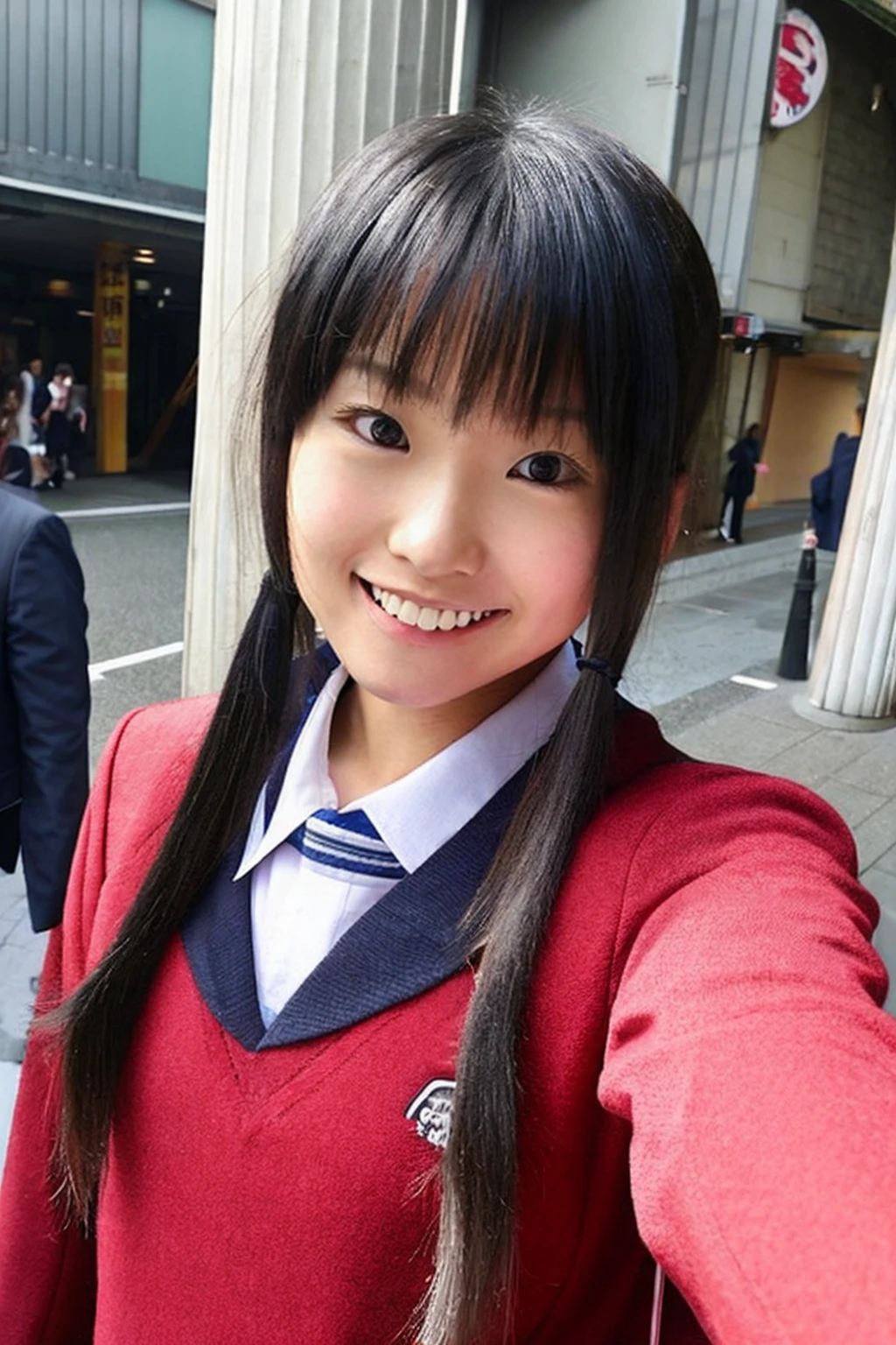 from front,selfie photo of an 18-year-old cute and petite Japanese woman named idols69, <lora:idols69_V0.5:0.75>  solo, school uniform, realistic, (black hair and bangs and twintails and long hair),black eyes, looking at viewer, grin and detailed teeth, lips,School <lyco:film grainV3:0.6>, (best aesthetic:1.2) and (best quality:1.2) and (photorealistic:1.4) and (Realistic:1.4) and detailed skin textures and detailed skin pores and high skin detail,real world location,photo background,Tokyo shopping street background, Japan