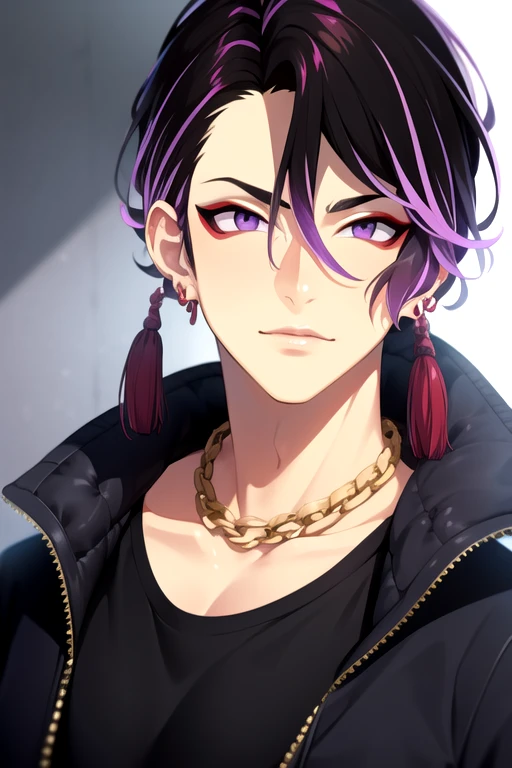 photorealistic, (4k), depth of field, (Masterpiece), (realistic skin texture), extremely detailed, intricate, hyper detailed, high resolution, professional photography, bokeh, depth of field, sharp detail, best quality, looking at viewer, 1boy, solo, male focus, <lora:iori_suiseki:0.8>, iori_suiseki, black hair, purple eyes, , multicolored hair, purple hair, hair between eyes, streaked hair, , , parka, , grimdark,
