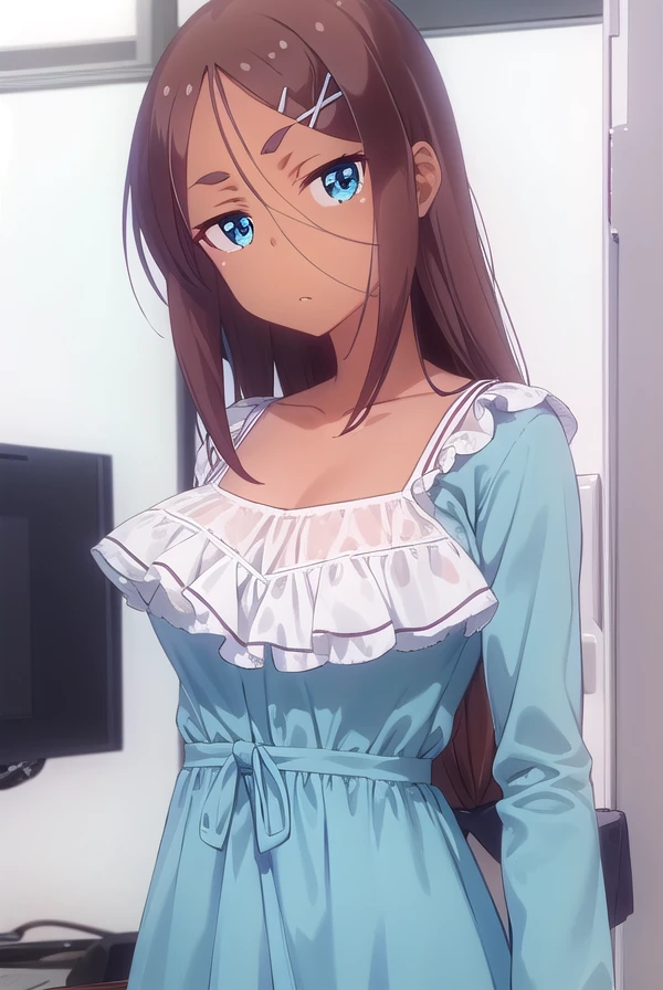 umikoahagon, <lora:umiko ahagon s2-lora-nochekaiser:1>,
umiko ahagon, long hair, blue eyes, brown hair, hair ornament, hair between eyes, hairclip, dark skin, dark-skinned female, x hair ornament,
BREAK dress, collarbone, green dress, long sleeves, frills,
BREAK indoors, office,
BREAK looking at viewer, (cowboy shot:1.5),
BREAK <lyco:GoodHands-beta2:1>, (masterpiece:1.2), best quality, high resolution, unity 8k wallpaper, (illustration:0.8), (beautiful detailed eyes:1.6), extremely detailed face, perfect lighting, extremely detailed CG, (perfect hands, perfect anatomy),