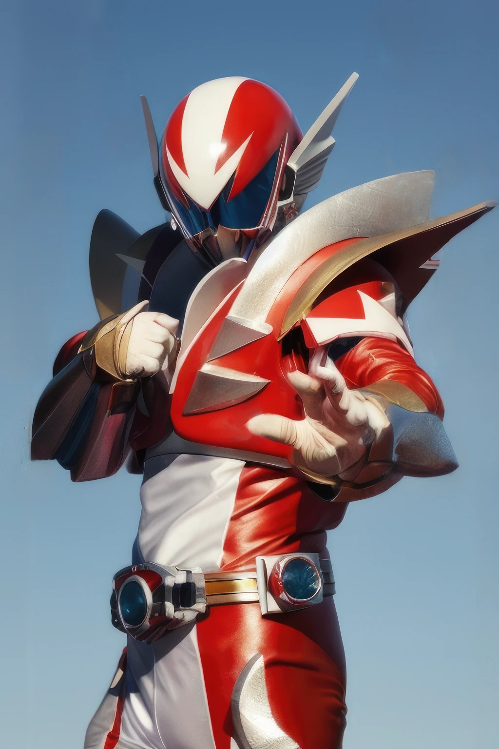 Make a Red Power Ranger based on Sarimanok His name is Miguel "Migs" Reyes. Leader of the Pintados Rangers, embodying bravery and leadership. The Red Ranger's suit is adorned with intricate tattoo-like patterns resembling the designs found on the feathers of the Sarimanok. These patterns grant the Red Ranger enhanced speed and agility. His helmet resembles an bird. Make it modern and futuristic. Mecha-based. Whole head enclosed in a helmet, no skin should be seen. Even mouth should be covered. Hands have gloves. Whole body is covered.