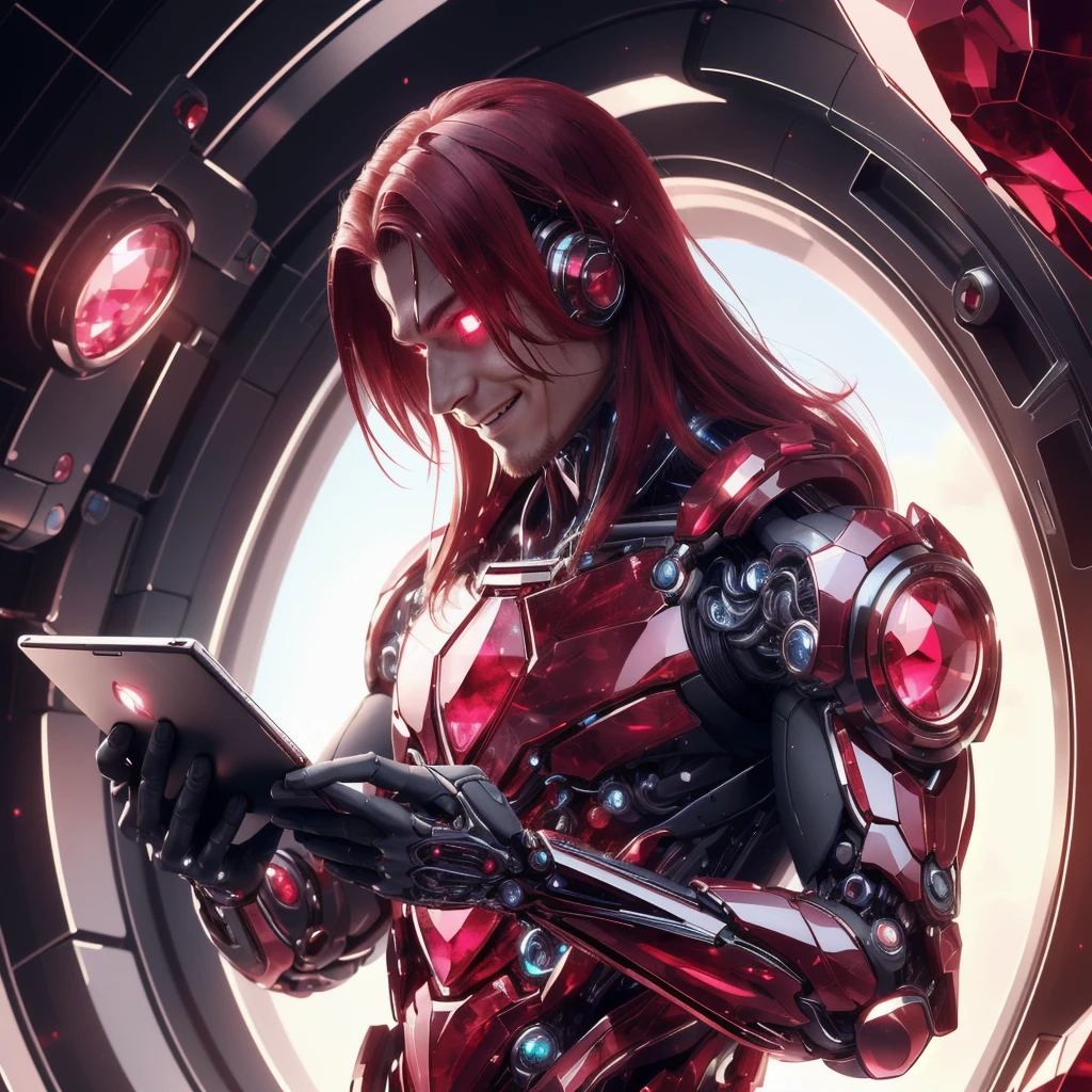 <lora:GemTech-22:0.8>, gemtech , scifi, internal reflections , transparent, inner details , ruby,
scholar , scroll, 1boy,long hair, red hair, glowing eyes, smile,shaved beard, ,closed mouth, holding a tablet