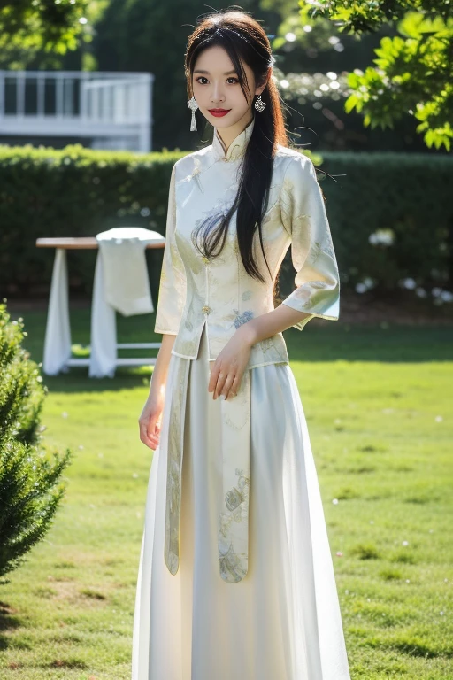 ltra-detailed,highly detailed,best quality,masterpiece,illustration,realistic,photorealistic,
banniang-qipao, 1girl, solo,
looking at viewer, 
outdoors, 
<lora:banniang qipao_v1_05:0.7>