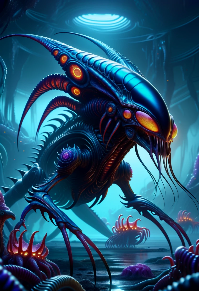 hyper detailed masterpiece, dynamic realistic digital art, awesome quality,DonMX3n0XL,massive monstrous alien moody crustacean existence, hoofed, long-tailed, scales, , organic xeno biology , eerie glow <lora:DonMX3n0XL-000008:0.8>