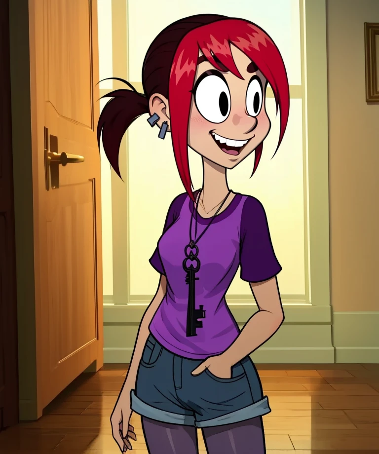 Mina,red hair,two-tone hair,small ponytail,black eyes,
purple shirt,short sleeves,key necklace,pantyhose,jean shorts,stud earrings,
large spooky mansion, happy,
standing,upper body, indoors,
(insanely detailed, masterpiece, best quality),
solo,<lora:MinaMonroe:0.8>,