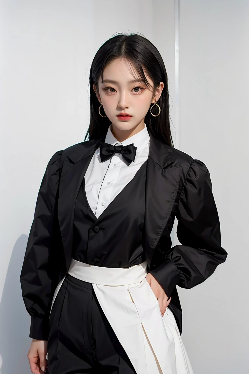 1girl, black  random formal attire, white background, <lora:ppunnch_4EVE-02:1>