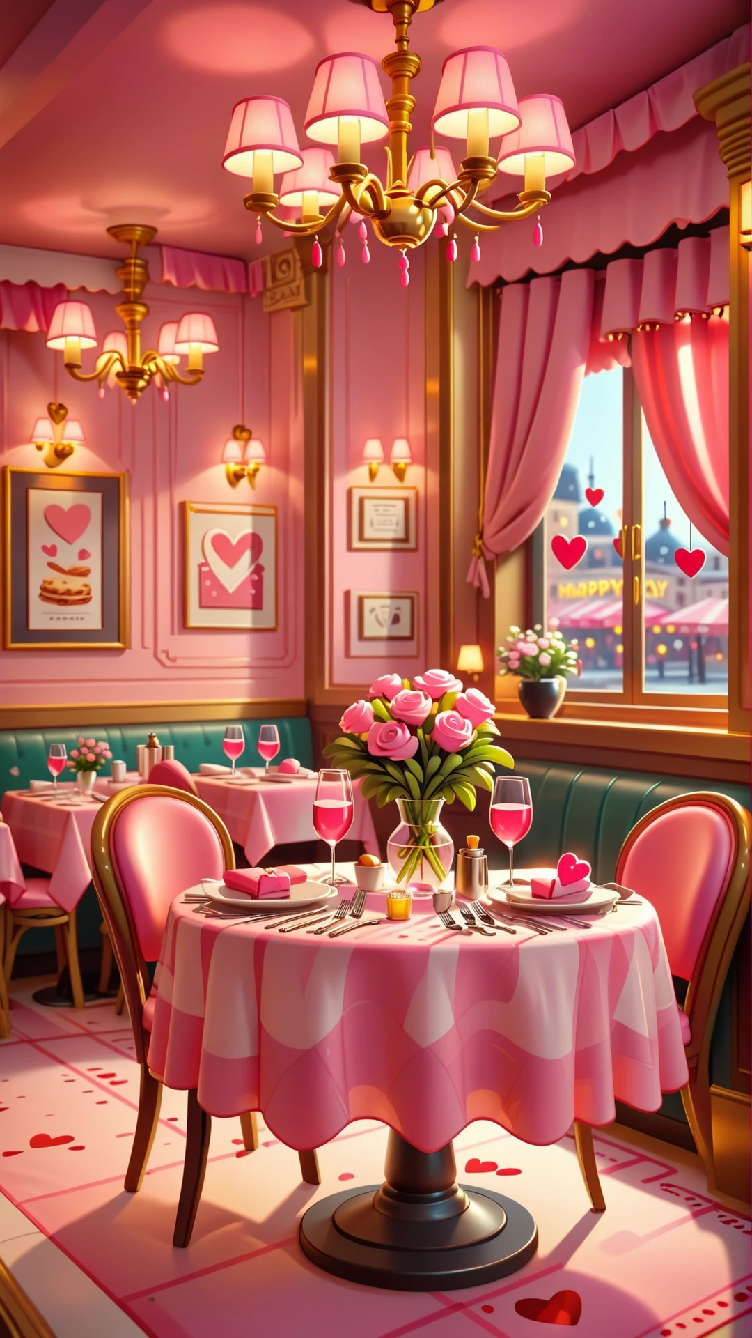 cartoon style,<lora:valentine's day date_XSE_GAME_V1:0.8>,valentine's day date,stylish restaurant,pink tablecloth,an empty restaurant,warm interior lighting,