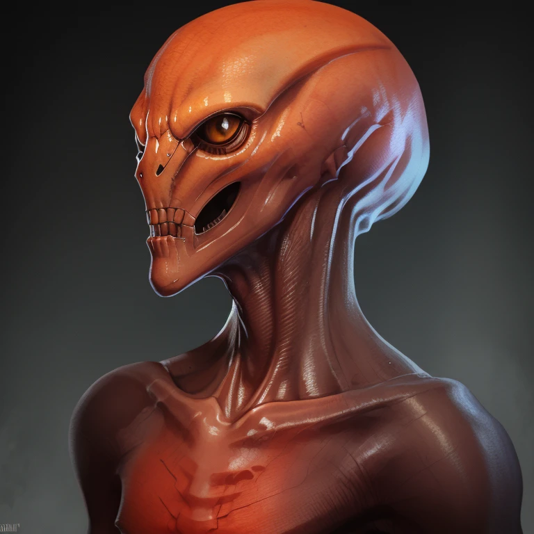 Alien woman with red skin and 3 yellow eyes naked