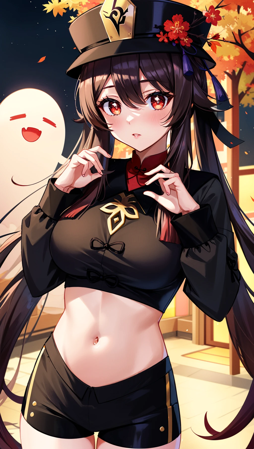 Hu tao, brown hair, red eyes, hat, exposed body, flat chest, small breasts, , night florest background, large trees, flashing tits, ghosts near her, erotic pose, smirk, scary ghosts, (best quality,4k,highres,masterpiece), artistic style,subdued colors, vivid colors, professional lighting, detailed lips, detailed eyes.