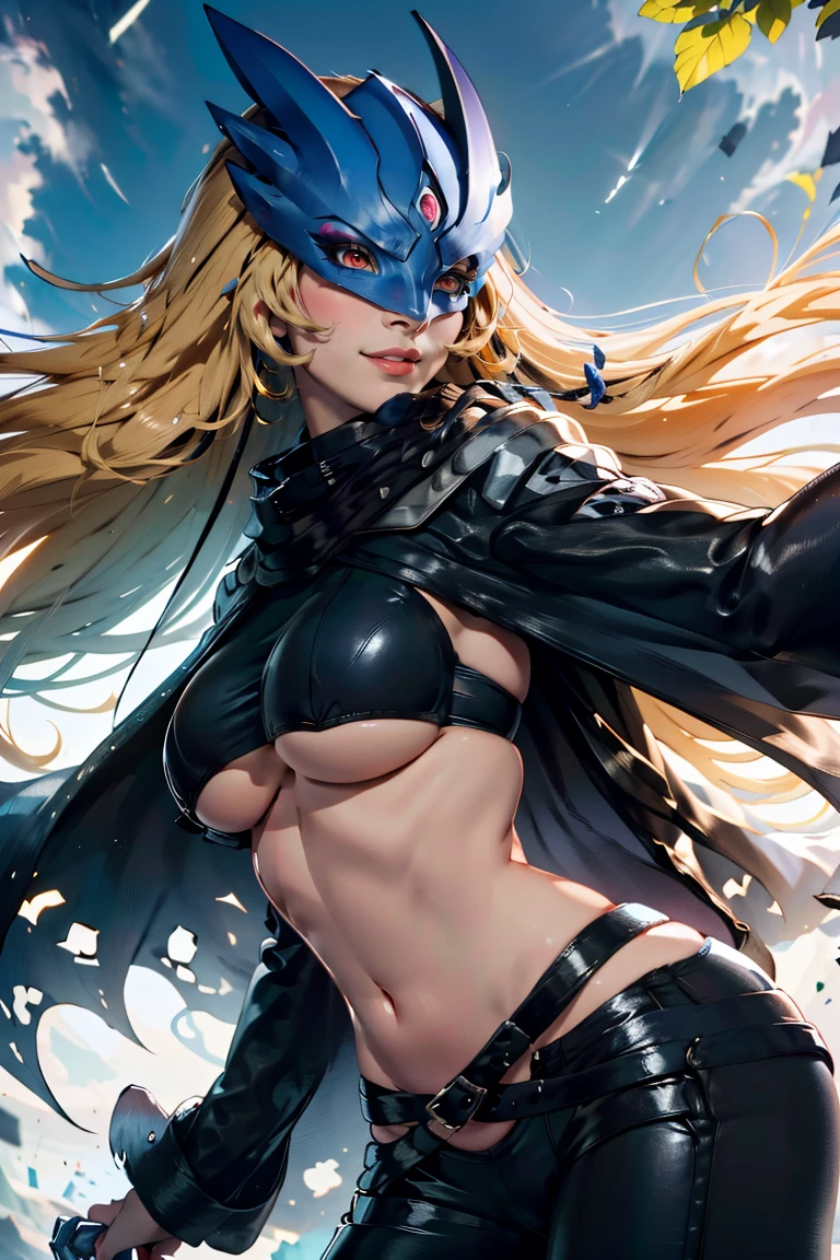 ((masterpiece,best quality)), vivid colors, <lora:Beelstarmon_Digimon:0.8>, Beelstarmon_Digimon, 1girl, solo, blonde hair, large breasts, red eyes, sidelocks, third eye, mask, long sleeves, navel, open clothes, midriff, black jacket, torn clothes, underboob, black pants, zipper, black belt, black scarf, cape, solo, smiling, looking at viewer, cowboy shot, side view, leaning forward,