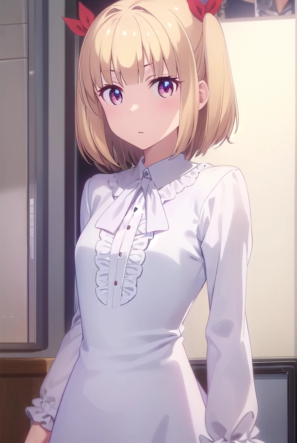 yunijima, <lora:yun ijima s2-lora-nochekaiser:1>, 
yun ijima, short hair, blonde hair, (red eyes:1.3), ribbon, hair ribbon, two side up,
BREAK dress, white dress, collar, puffy sleeves, long sleeves, frills,
BREAK indoors, office,
BREAK looking at viewer, (cowboy shot:1.5),
BREAK <lyco:GoodHands-beta2:1>, (masterpiece:1.2), best quality, high resolution, unity 8k wallpaper, (illustration:0.8), (beautiful detailed eyes:1.6), extremely detailed face, perfect lighting, extremely detailed CG, (perfect hands, perfect anatomy),